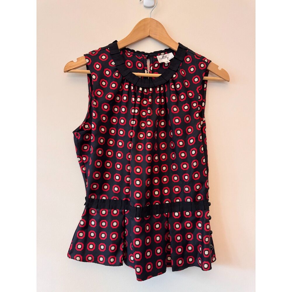 Milly of New York Silk Pleated Ribbon Peplum Button Top Red Black Size 8